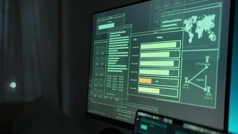 Computer monitor with data transfer graphics sending or uploading files and docs Stock Footage 339889647