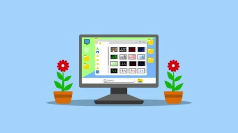 Computer Monitor with Desktop Interface and Potted Flowers Animation Stock Footage 320730887