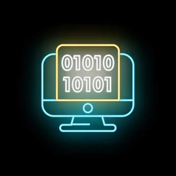 Computer monitor displaying binary code in neon light Stock Illustration