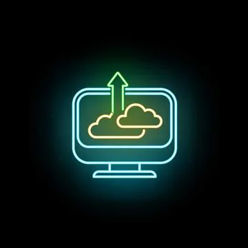 Computer monitor displaying cloud computing upload neon icon Stock Illustration