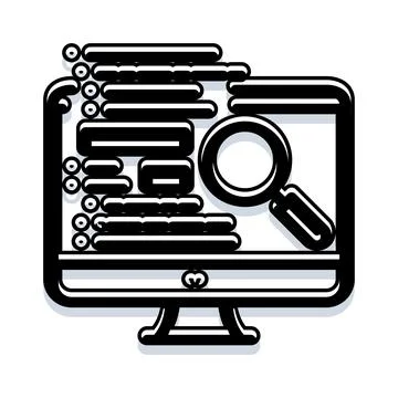 Computer monitor displaying code and search magnifying glass Stock Illustration