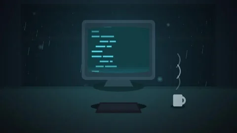Computer Monitor Displaying Coding Program Lines with a Steaming Coffee Mug.. Stock-Footage 347349537