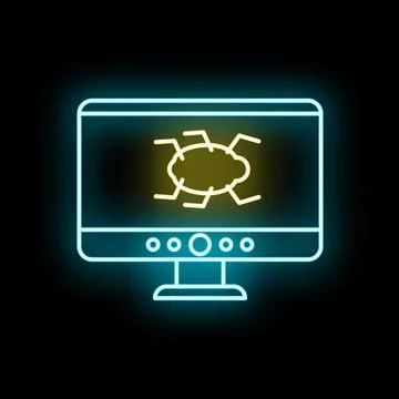 Computer monitor displaying cyber bug neon icon 库存插图