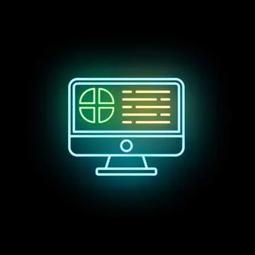 Computer monitor displaying data analysis pie chart neon icon 스톡 일러스트