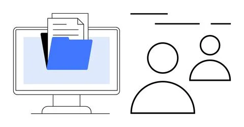 Computer monitor displaying folder with documents, beside user profiles symbo Stock Illustration