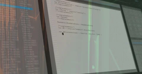 Computer monitor displaying JavaScript code animating console overlay with green Stock Footage 309145787