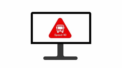 Computer monitor displaying a red triangular warning sign with a bus symbol.. Illustrazione stock