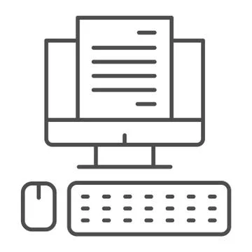 Computer monitor with document thin line icon, business concept, Office Stock Illustration