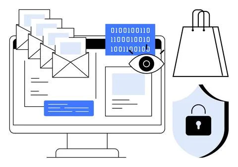 Computer monitor with envelopes, binary code, and shopping bag amidst symbols Stock Illustration