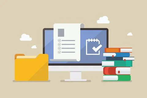 Computer monitor with folder and stack of books Illustrazione stock