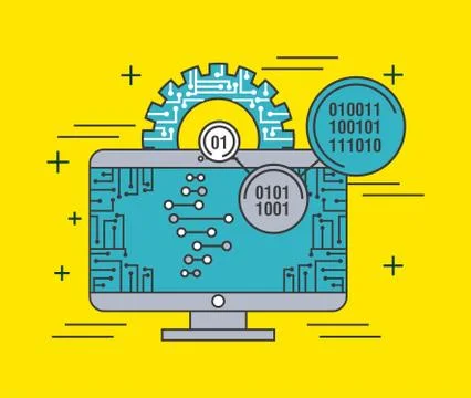 Computer monitor gear code binary technology Illustrazione stock