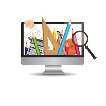 Computer Monitor With Image Of School Writing Supplies On White Background Stock Illustration