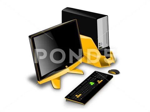 Computer monitor mouse keyboard processor are black isolated on white background Stock Illustration