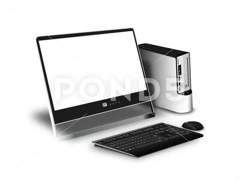Computer monitor mouse keyboard processor are black isolated on white background Stock Illustration