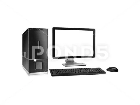 Computer monitor mouse keyboard processor are black isolated on white background Stock Photos