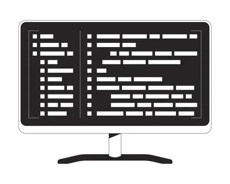 Computer monitor with programming syntax code black and white 2D line object Stock Illustration