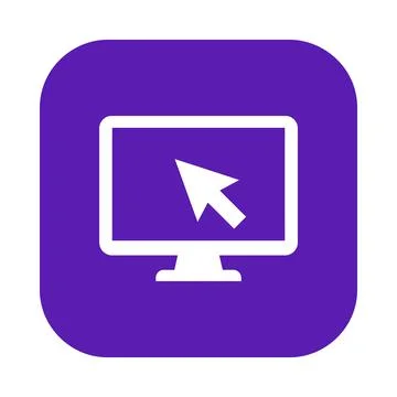 Computer monitor screen with mouse cursor arrow on purple rounded square ic.. Illustration