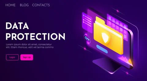 Computer monitor with secure folder. Data protection concept. Landing page Stock Illustration