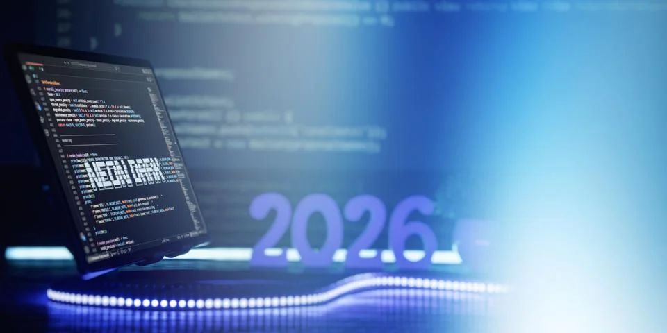 Computer monitor showing programming code with glowing 2026 background 스톡 사진