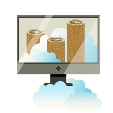 Computer monitor with stack of cryptocoins poster Stock Illustration