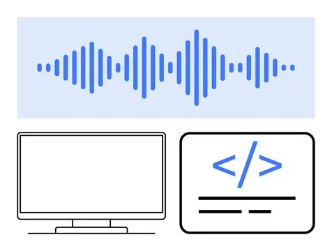 Computer monitor, waveform, and coding elements representing digital techno.. Stock Illustration