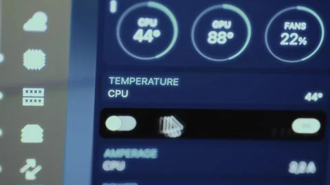 Computer monitoring interface showing the current status of the CPU and GPU Stock Footage 327476379