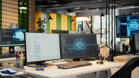 Computer monitors in AI tech agency office used to automate repetitive tasks Foto stock