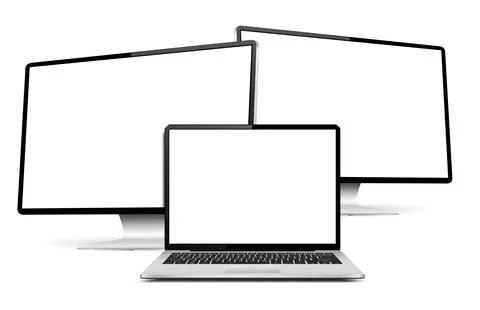 Computer monitors and laptop with blank screens. Front and side view Illustrazione stock