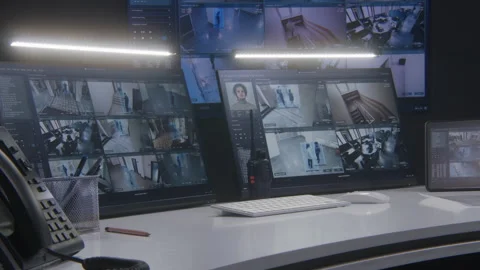 Computer monitors and tablet showing video footage of surveillance cameras Stock Footage 240475723