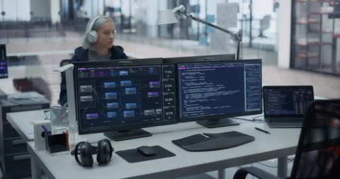 Computer Monitors with Coding Language in Office Video stock 296182712