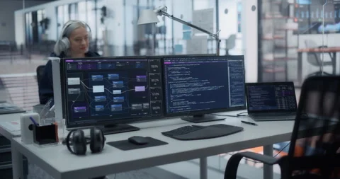 Computer Monitors with Coding Language in Office Video stock 296182728