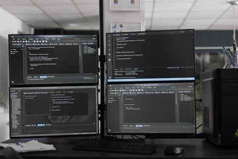 Computer monitors on desk compiling programming html data 库存照片