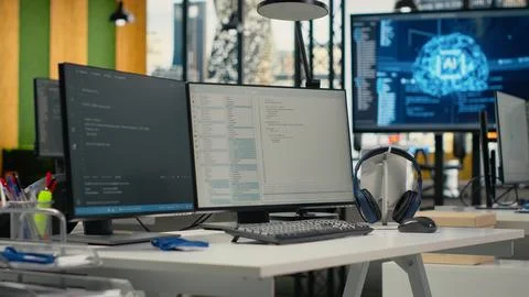 Computer monitors in empty startup workspace with cloud computing AI resources Foto stock
