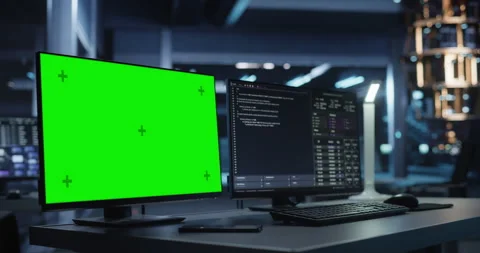 Computer Monitors with Green Screen in Research Office Stock Footage 318967145
