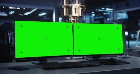 Computer Monitors with Green Screen in Research Office Stock Footage 318967214