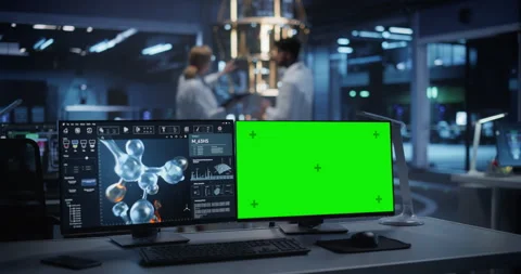 Computer Monitors with Green Screen in Research Office Stock Footage 318967454