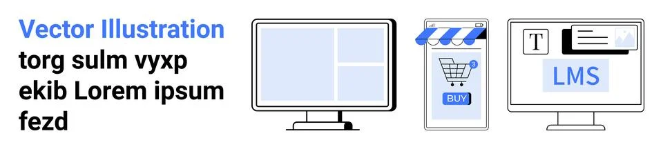 Computer monitors, online storefront, and LMS elements. Ideal for ecommerce,  库存插图