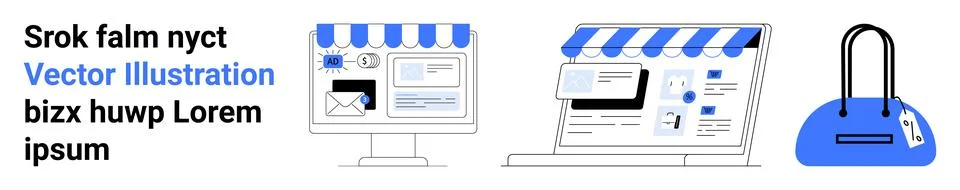 Computer monitors showcasing website development, e-commerce storefronts, and Stock Illustration