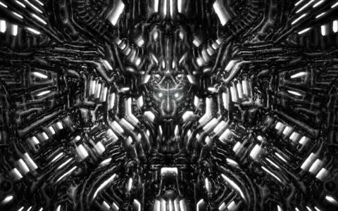 Computer monster with bas-relief and protruding robot head. Black and white c Stock Illustration