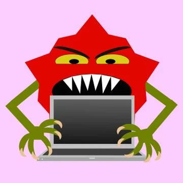 A computer with a monster behind: dangers of the internet Illustrazione stock