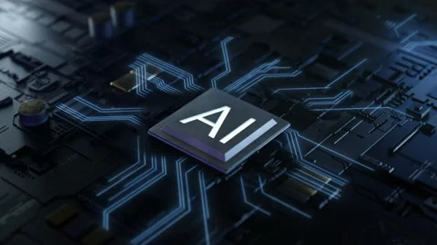Computer mother board chip with AI text and glowing circuit background Stock Footage 220258837