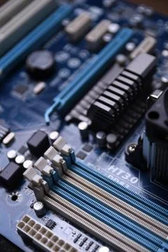 Computer motherboard and electronical components cpu gpu memory and different Stock Photos