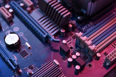 Computer motherboard and electronical components cpu gpu memory and different Stock Photos