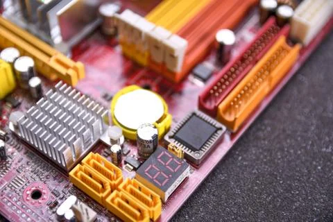 Computer motherboard and electronical components cpu gpu memory and different Foto stock