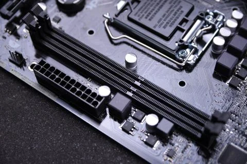 Computer motherboard and electronical components cpu gpu memory and different Stock Photos