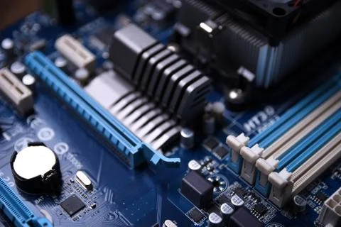 Computer motherboard and electronical components cpu gpu memory and different Stock Photos