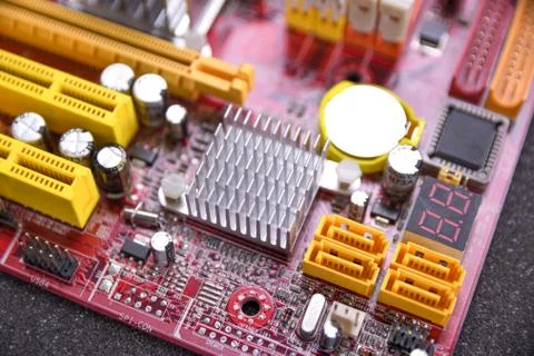Computer motherboard and electronical components cpu gpu memory and different Stock Photos