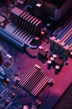 Computer motherboard and electronical components cpu gpu memory and different Stock Photos