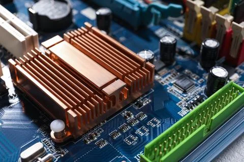 Computer motherboard as background, closeup. Electronic device 스톡 사진