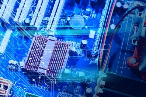 Computer motherboard as background, closeup. Electronic device Stock Photos